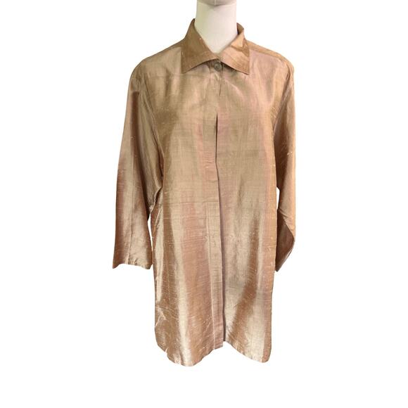 Emmelle NYC Silk Shantung Long Jacket Topper Beige Metallic Sheen Size 1 - Picture 5 of 10